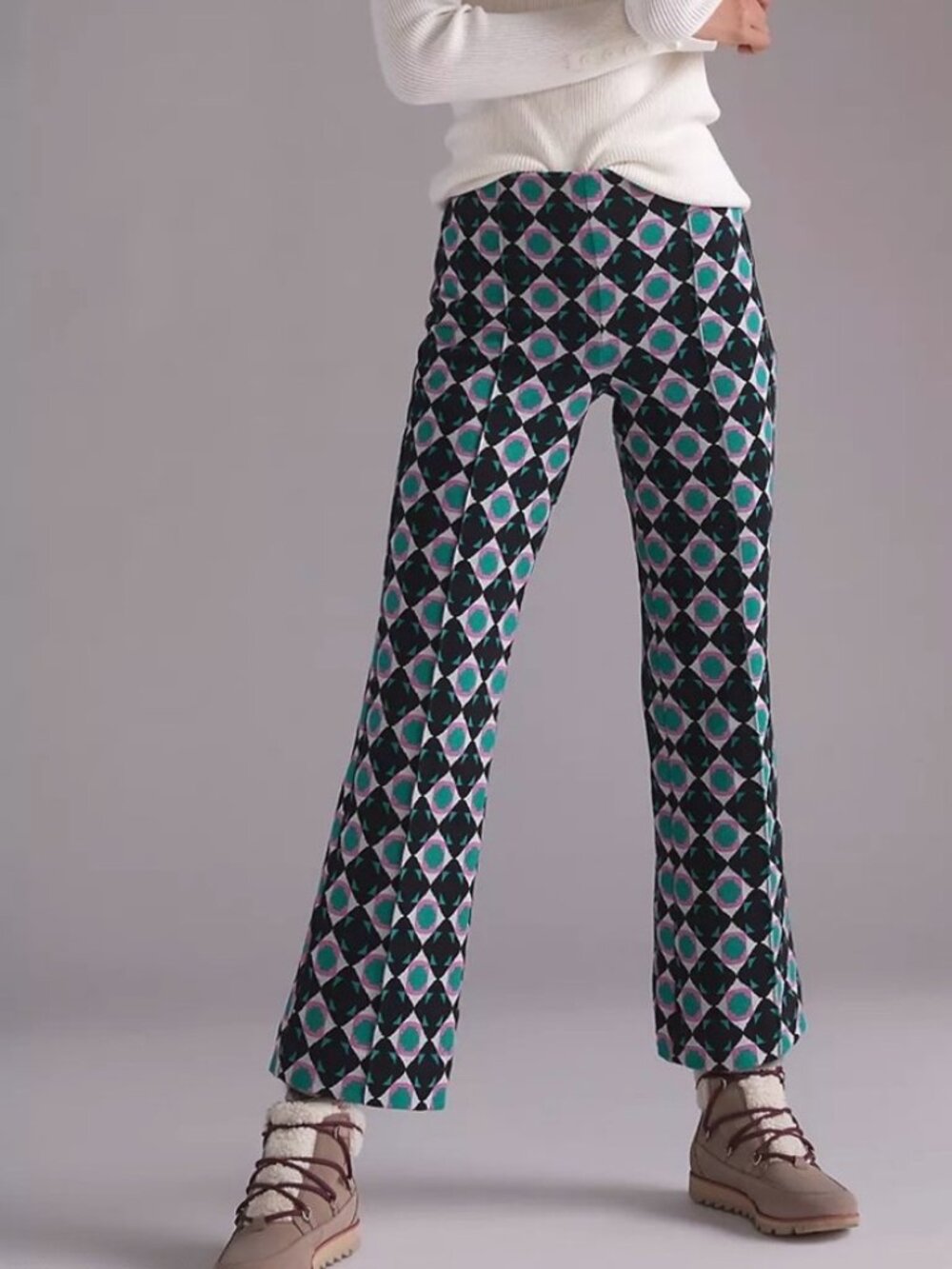 Anthropologie Maeve Margot Kick Flare Cropped Pant Black Green Pink Geo Print XS